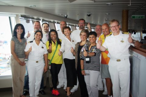 Pictured on the bridge of Norwegian Getaway with the Master of the vessel and his senior officers, is the core planning team from Landry & Kling Events At Sea, Norwegian Cruise Line, and the Rio 2016 Organizing Committee who gathered for a final review of plans for the 40-night charter before the ship’s positioning voyage from Miami, non-stop to Rio.