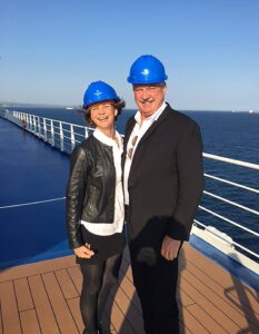Joyce Landry onboard Silver Muse with Mark Conroy of Silversea during shakedown cruise
